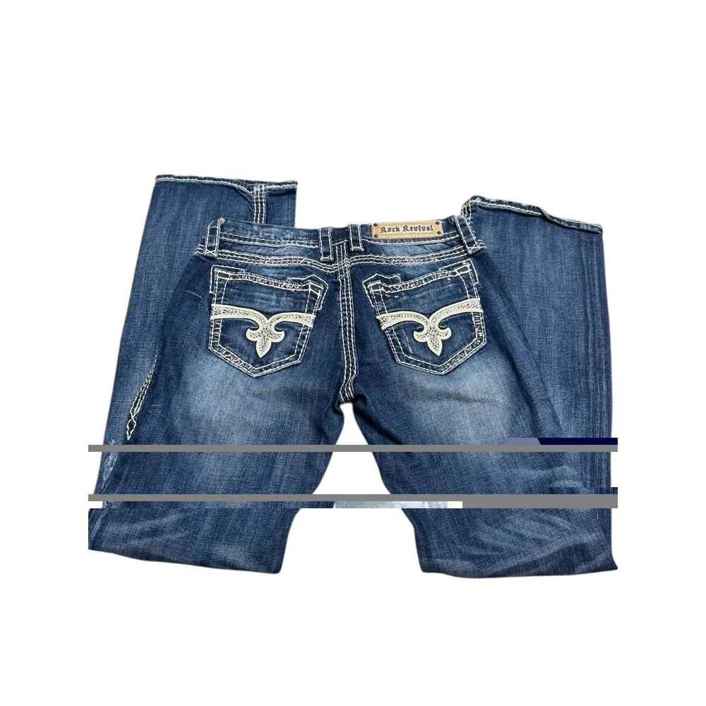 🤑Y2K‎ Rock Revival Jeans Bootcut Thick White Stitching Denim Bling Pockets 27 - Picture 2 of 9